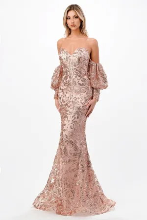 CD J820 - Strapless Glitter Print Fit & Flare Prom Gown with Sweetheart Neck Sheer Underarm Panels & Removable Sleeves