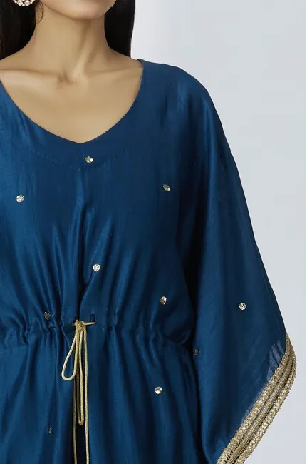 Chanderi Silk Kaftan Pant Set in Turquoise Blue