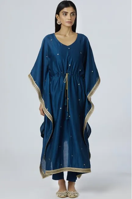 Chanderi Silk Kaftan Pant Set in Turquoise Blue