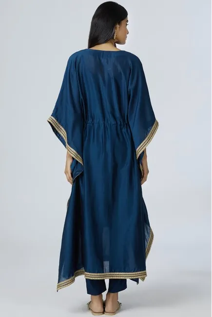 Chanderi Silk Kaftan Pant Set in Turquoise Blue