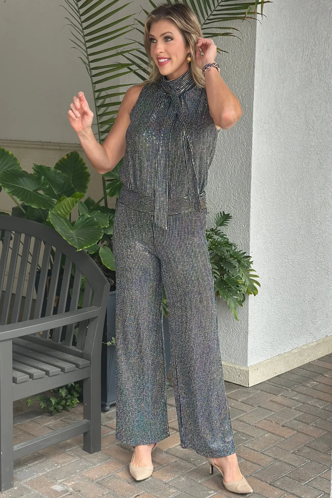 Clara Sunwoo Silver Pinstripe Shimmer Sequin Wide Leg Pant