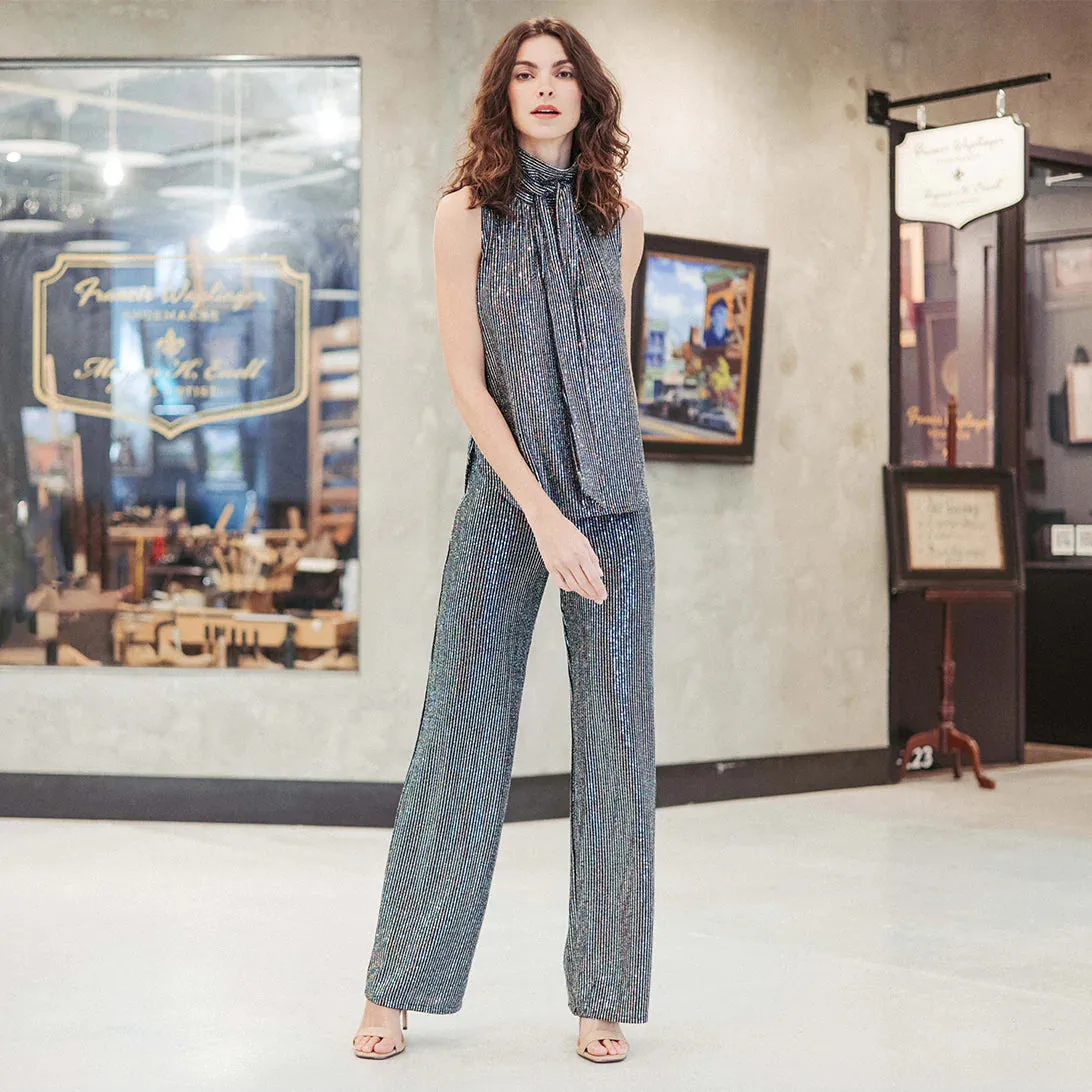 Clara Sunwoo Silver Pinstripe Shimmer Sequin Wide Leg Pant