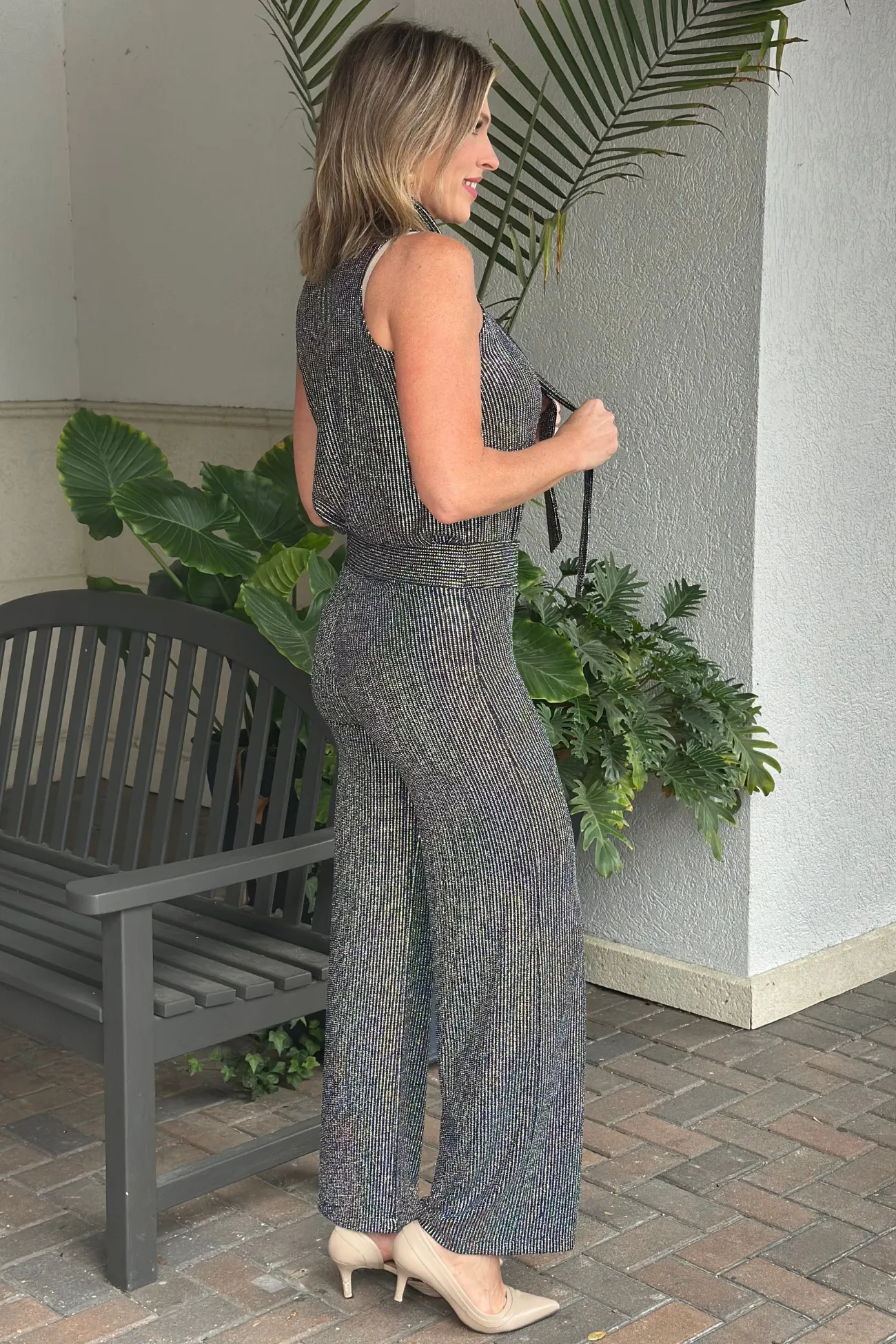 Clara Sunwoo Silver Pinstripe Shimmer Sequin Wide Leg Pant