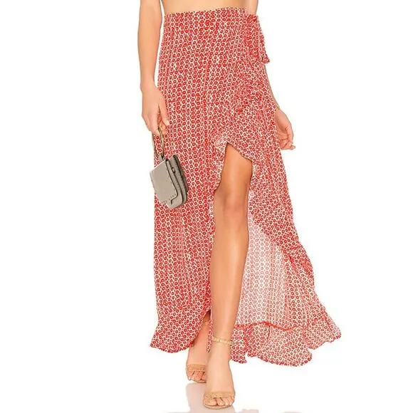 Cleobella Fire Red &amp; White Evangeline Ruffle Maxi Wrap Skirt Size L