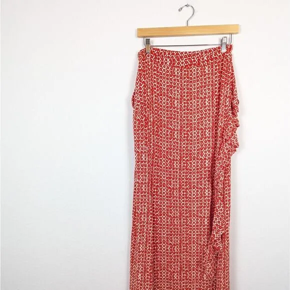 Cleobella Fire Red &amp; White Evangeline Ruffle Maxi Wrap Skirt Size L