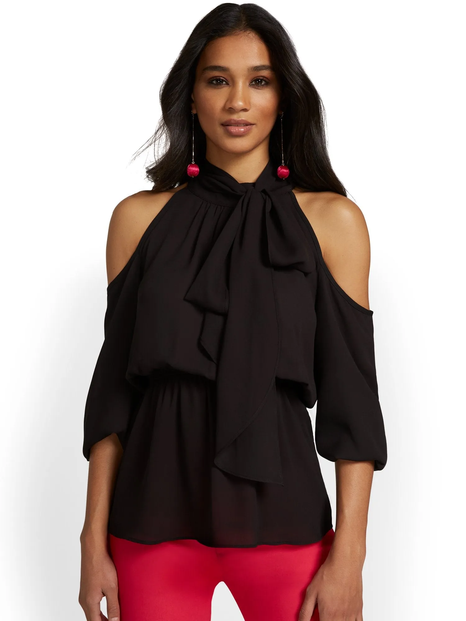 Cold-Shoulder Bow-Neck Peplum Blouse