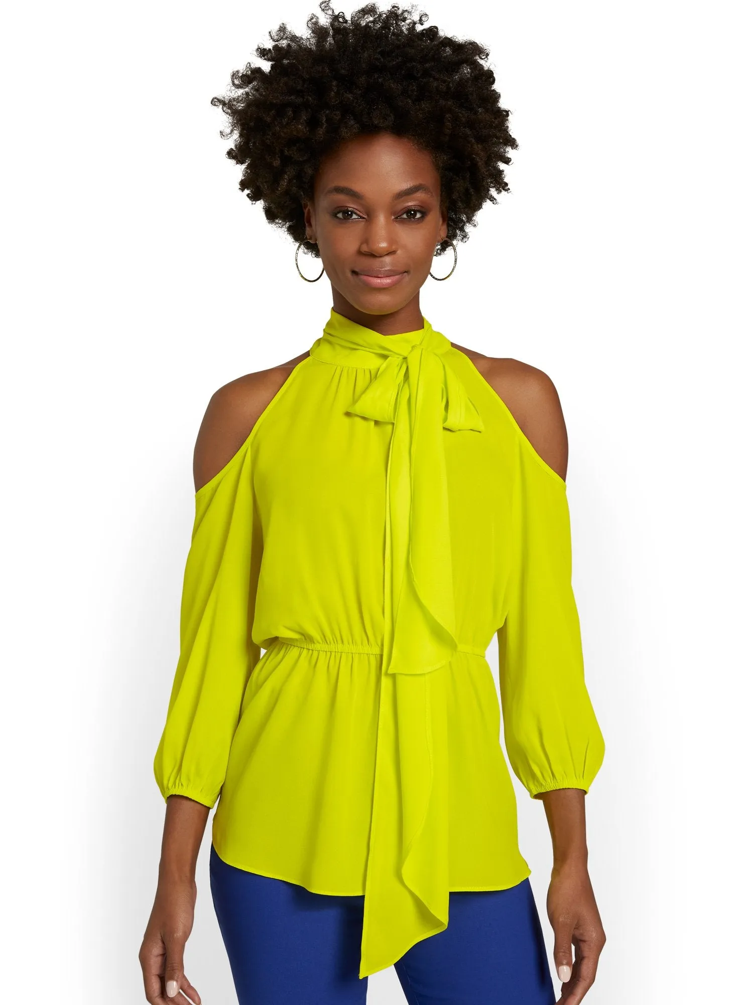 Cold-Shoulder Bow-Neck Peplum Blouse