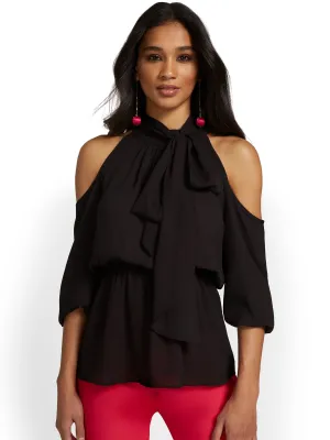 Cold-Shoulder Bow-Neck Peplum Blouse
