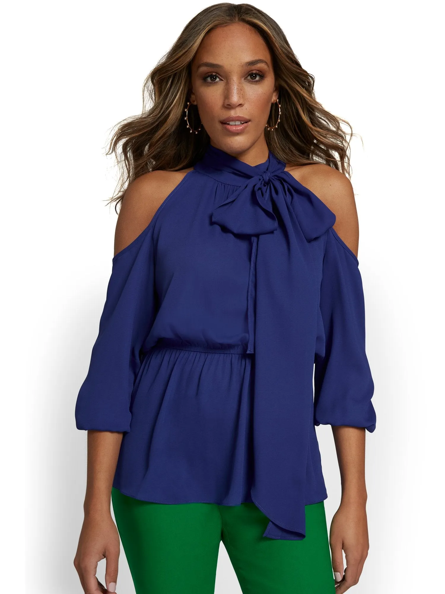 Cold-Shoulder Bow-Neck Peplum Blouse