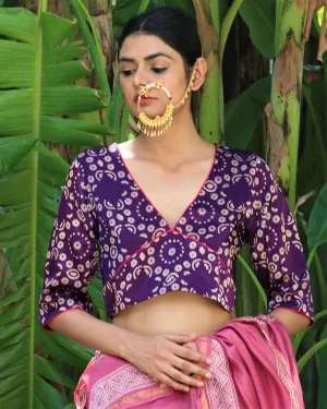 Cosmos Aubergine Blockprinted Mashru Silk Blouse-Chand Se