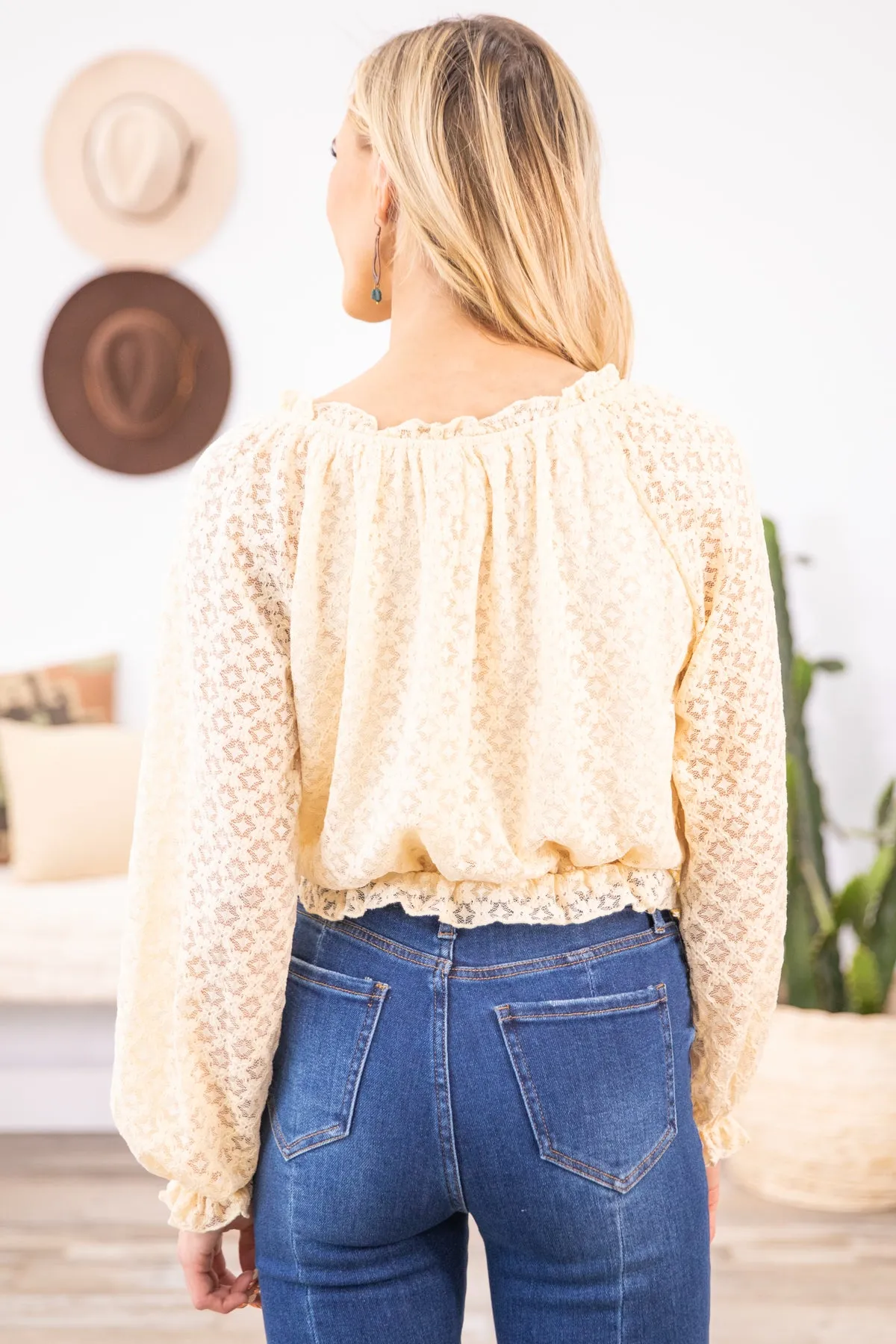 Cream Lace Elastic Waist Off the Shoulder Top