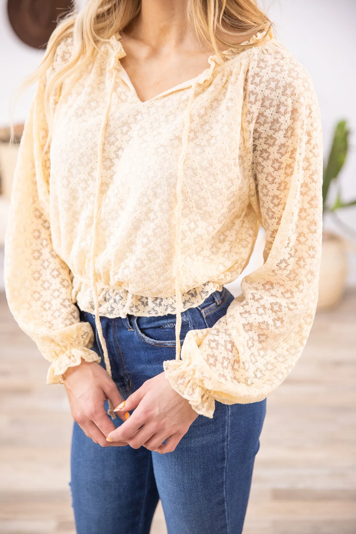 Cream Lace Elastic Waist Off the Shoulder Top