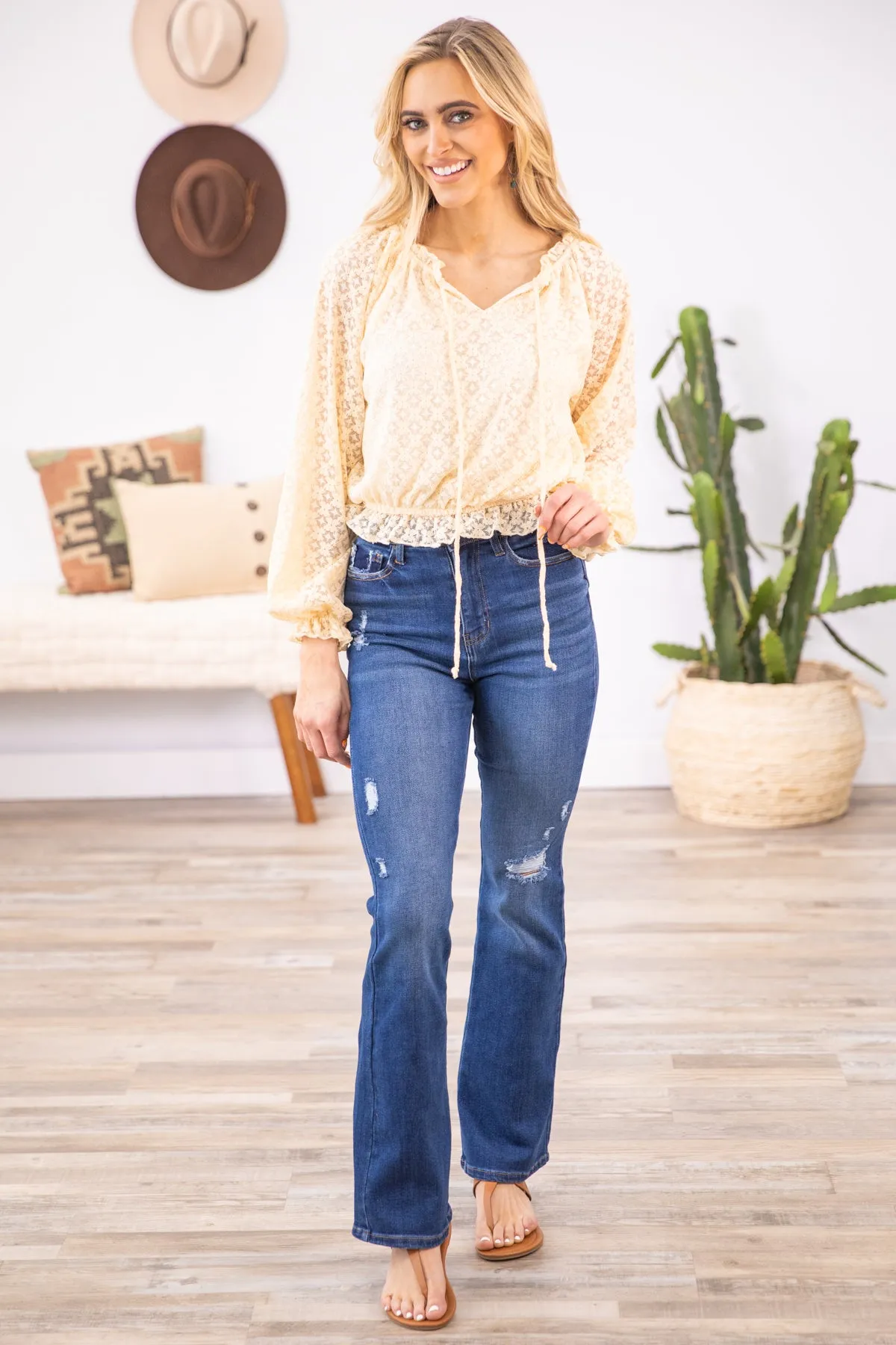 Cream Lace Elastic Waist Off the Shoulder Top