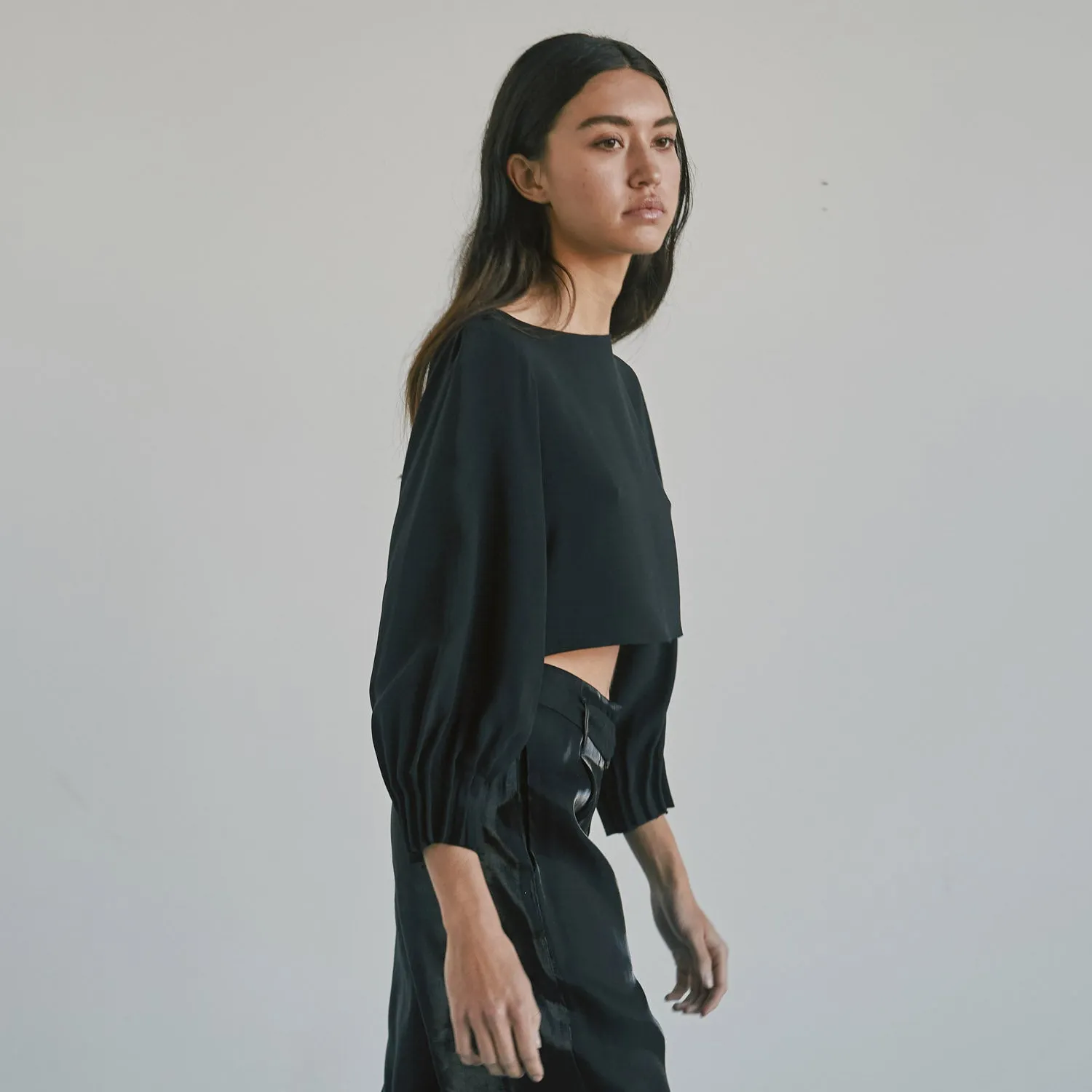 Cropped Silk Top with Crystals - Black