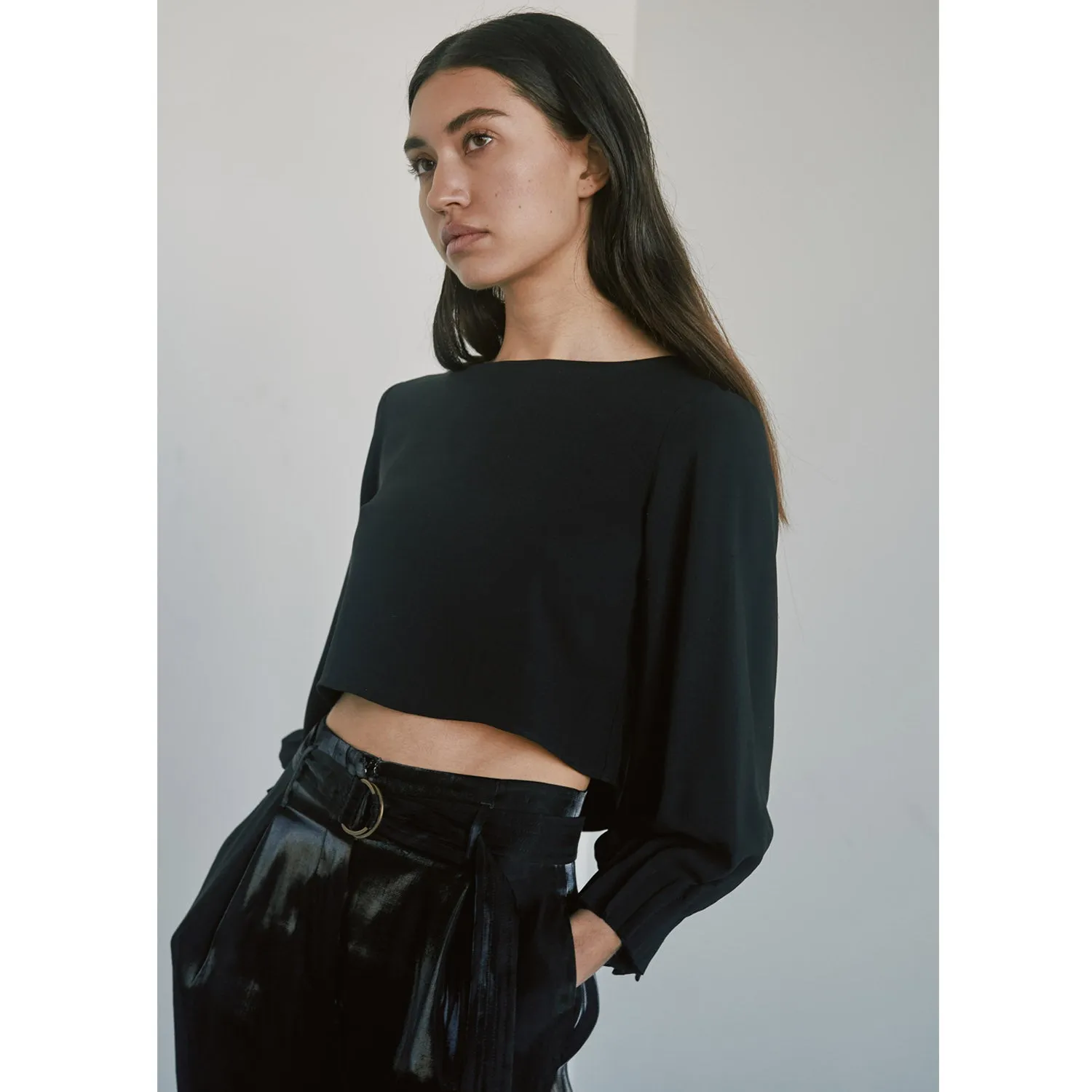 Cropped Silk Top with Crystals - Black
