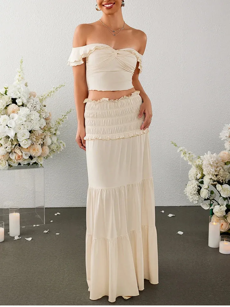 Crossover Off Shoulder Top   Ruched Skirt Set