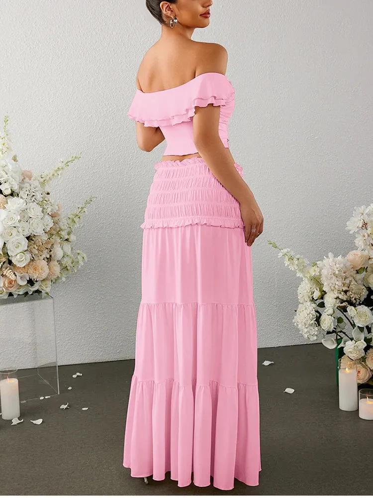 Crossover Off Shoulder Top   Ruched Skirt Set