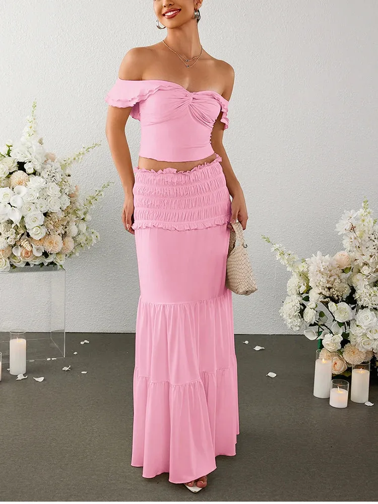 Crossover Off Shoulder Top   Ruched Skirt Set