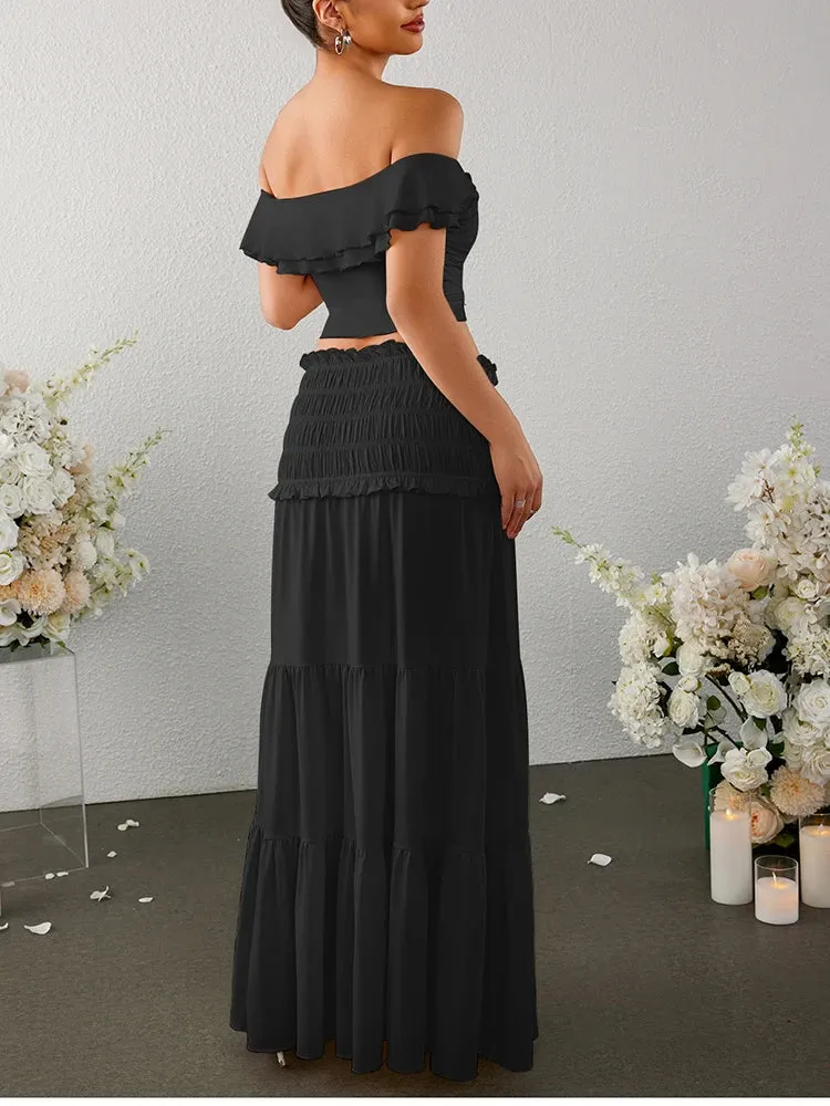 Crossover Off Shoulder Top   Ruched Skirt Set