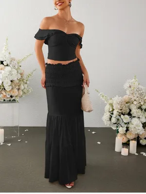 Crossover Off Shoulder Top   Ruched Skirt Set