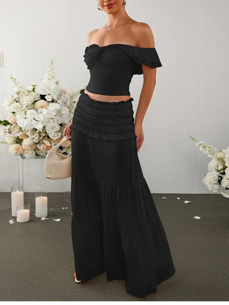 Crossover Off Shoulder Top   Ruched Skirt Set