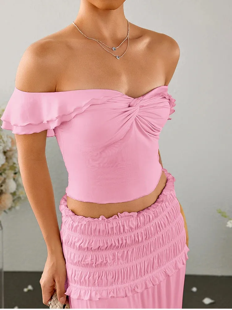 Crossover Off Shoulder Top   Ruched Skirt Set