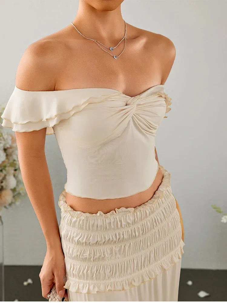 Crossover Off Shoulder Top   Ruched Skirt Set