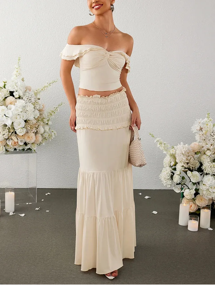 Crossover Off Shoulder Top   Ruched Skirt Set