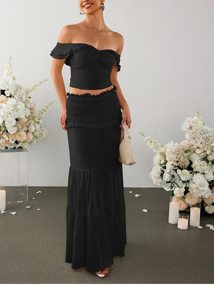 Crossover Off Shoulder Top   Ruched Skirt Set
