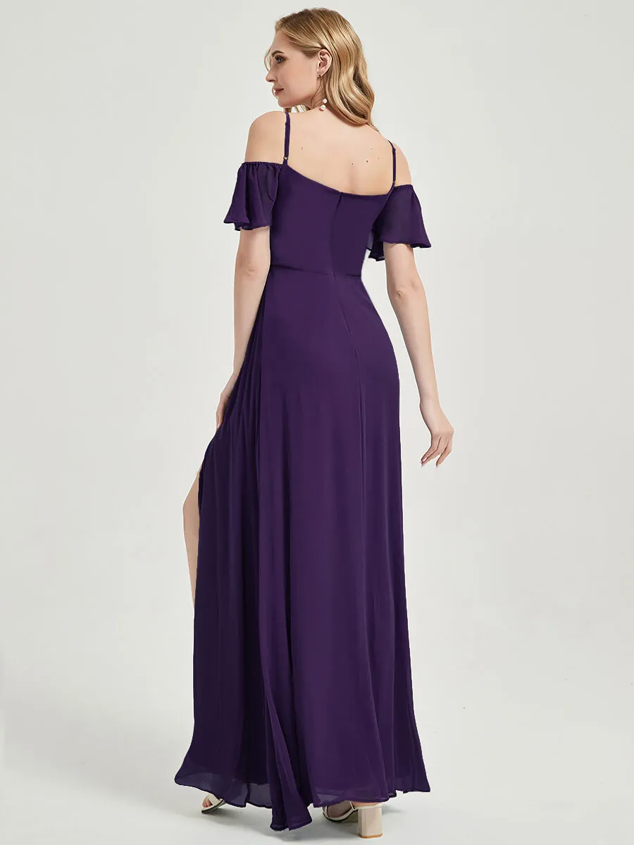 Dark Purple Short Ruffle Sleeves High Split A-Line Bridesmaid Dress