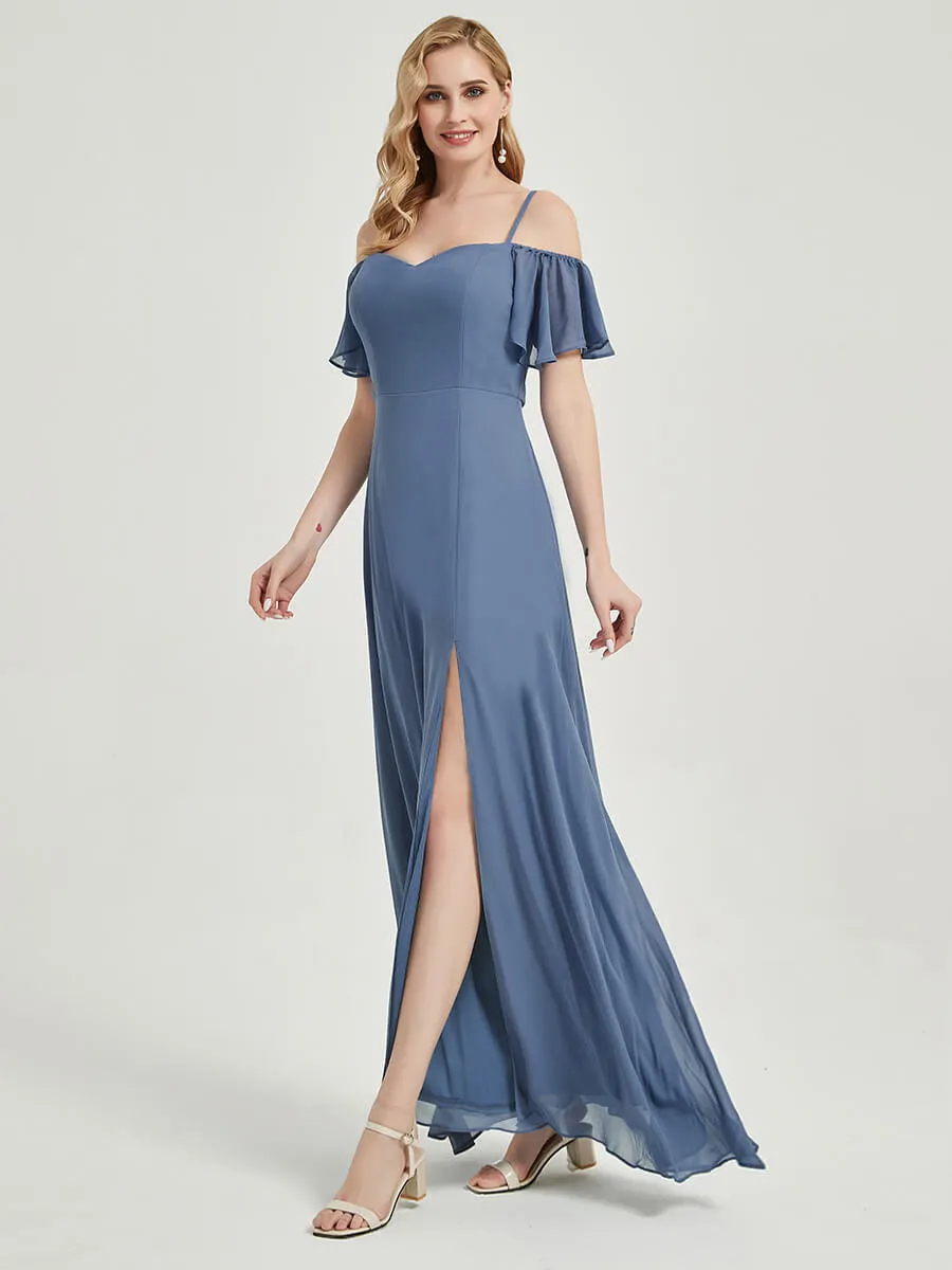 Dark Purple Short Ruffle Sleeves High Split A-Line Bridesmaid Dress