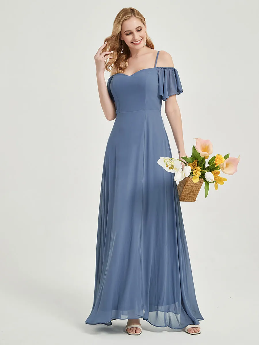 Dark Purple Short Ruffle Sleeves High Split A-Line Bridesmaid Dress