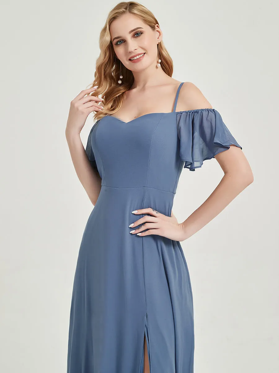 Dark Purple Short Ruffle Sleeves High Split A-Line Bridesmaid Dress