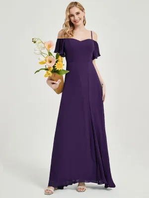 Dark Purple Short Ruffle Sleeves High Split A-Line Bridesmaid Dress