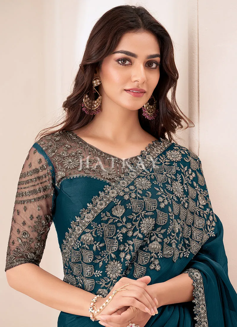 Deep Turquoise Embroidery Silk Saree