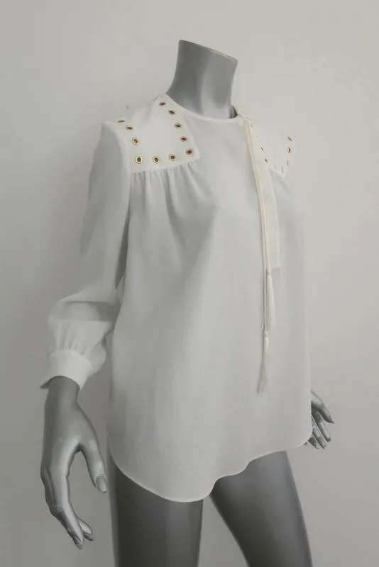 Derek Lam 10 Crosby Blouse Cream Grommet-Trim Crepe Size 4 Long Sleeve Top NEW