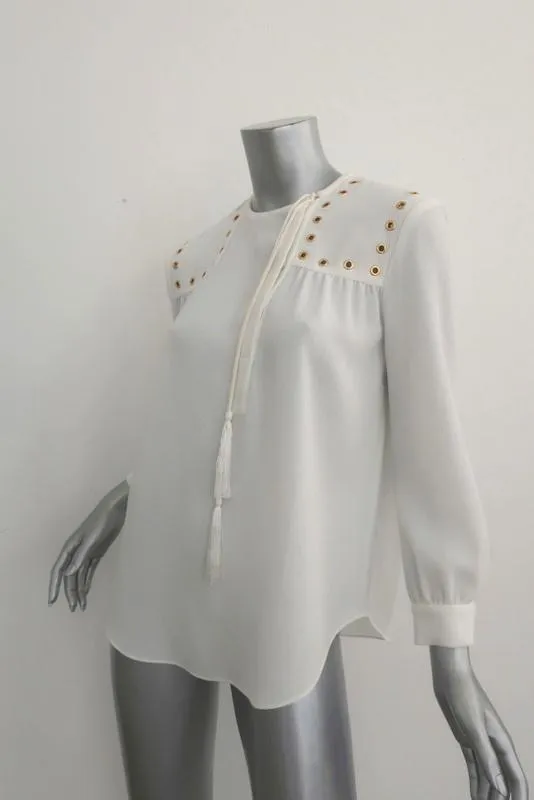 Derek Lam 10 Crosby Blouse Cream Grommet-Trim Crepe Size 4 Long Sleeve Top NEW