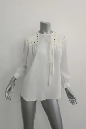 Derek Lam 10 Crosby Blouse Cream Grommet-Trim Crepe Size 4 Long Sleeve Top NEW
