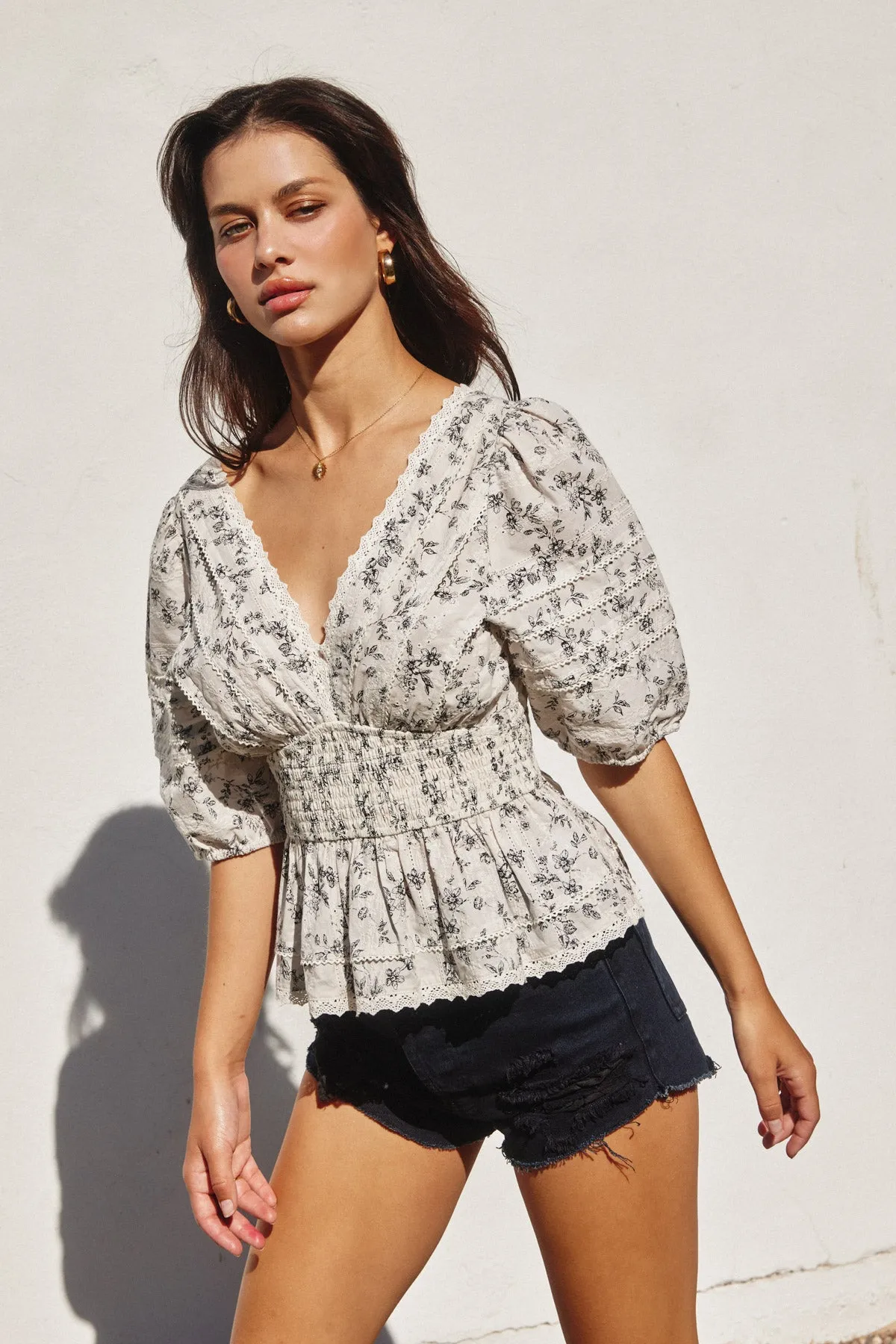 Devan Lace Trim Smocked Waist Peplum Top