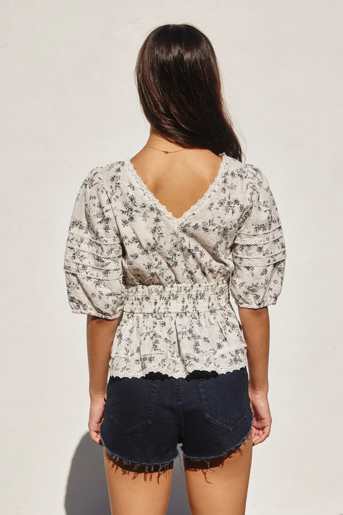 Devan Lace Trim Smocked Waist Peplum Top