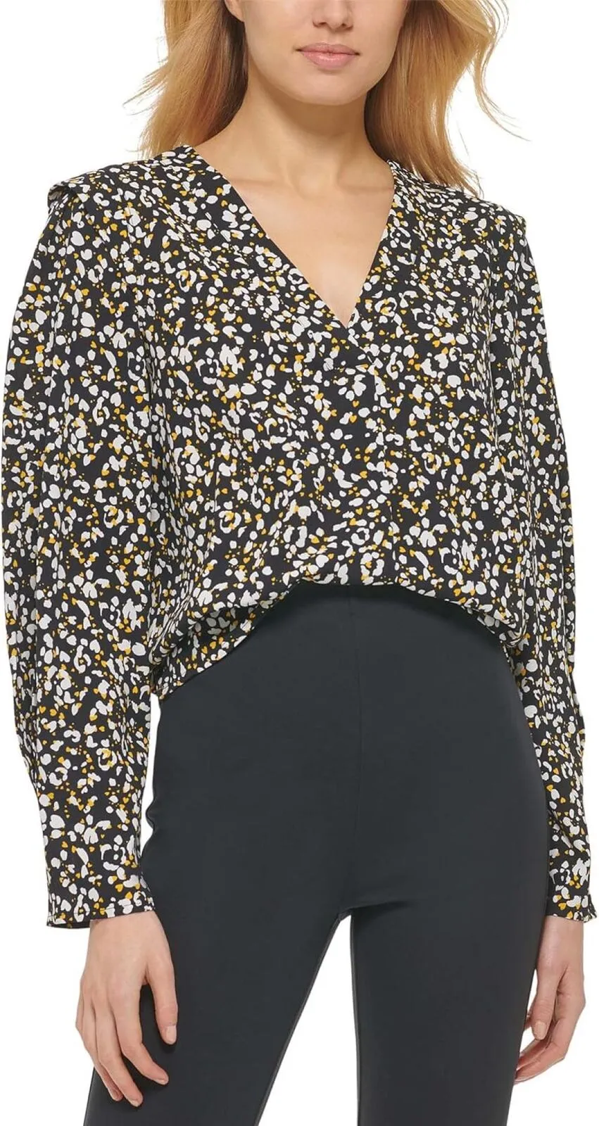 DKNY Womens Printed V-Neck Blouse P23ABO16