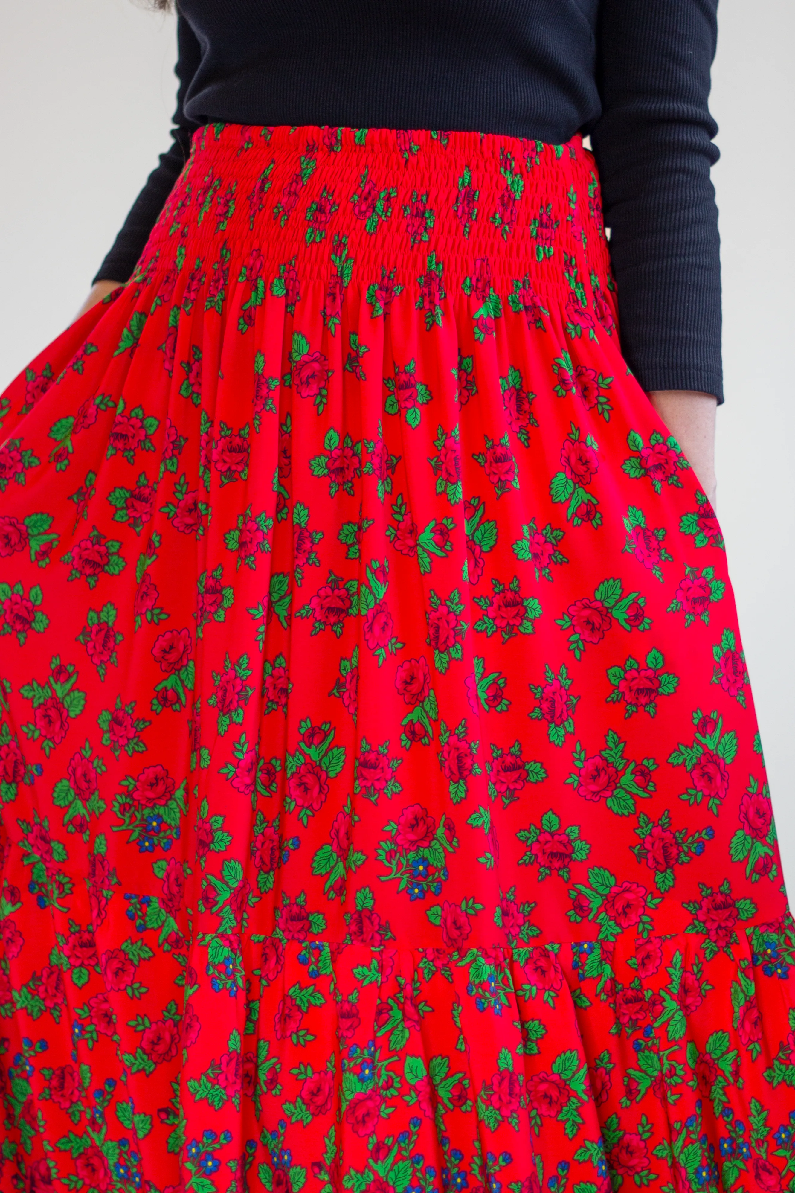 Dominika Smocked Red Maxi Folk Skirt