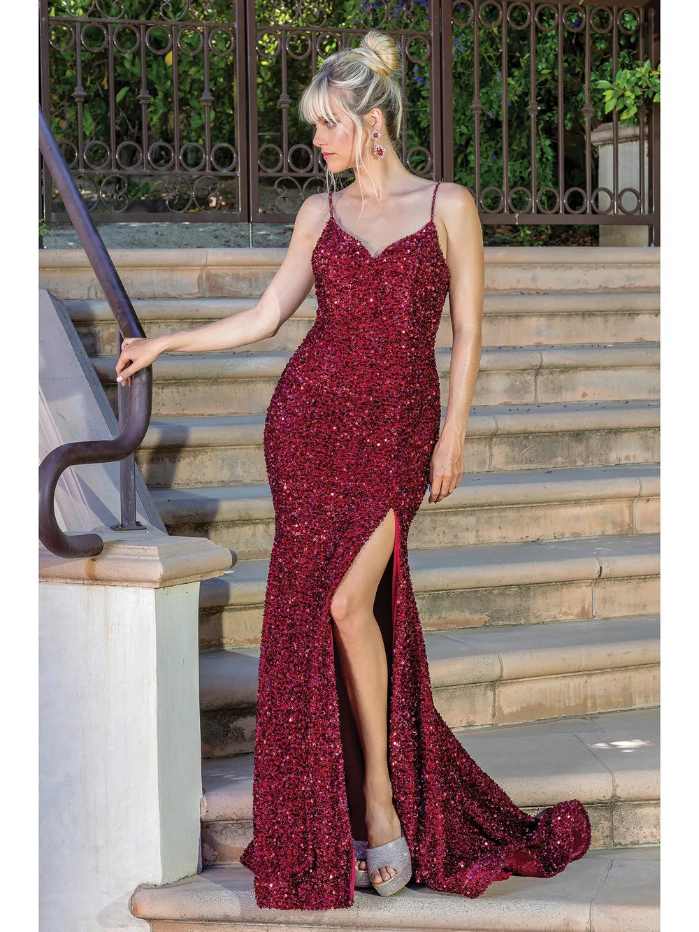 DQ 4254 - Full Sequin Fit & Flare Prom Gown with V-Neck Open Corset Back & Leg Slit