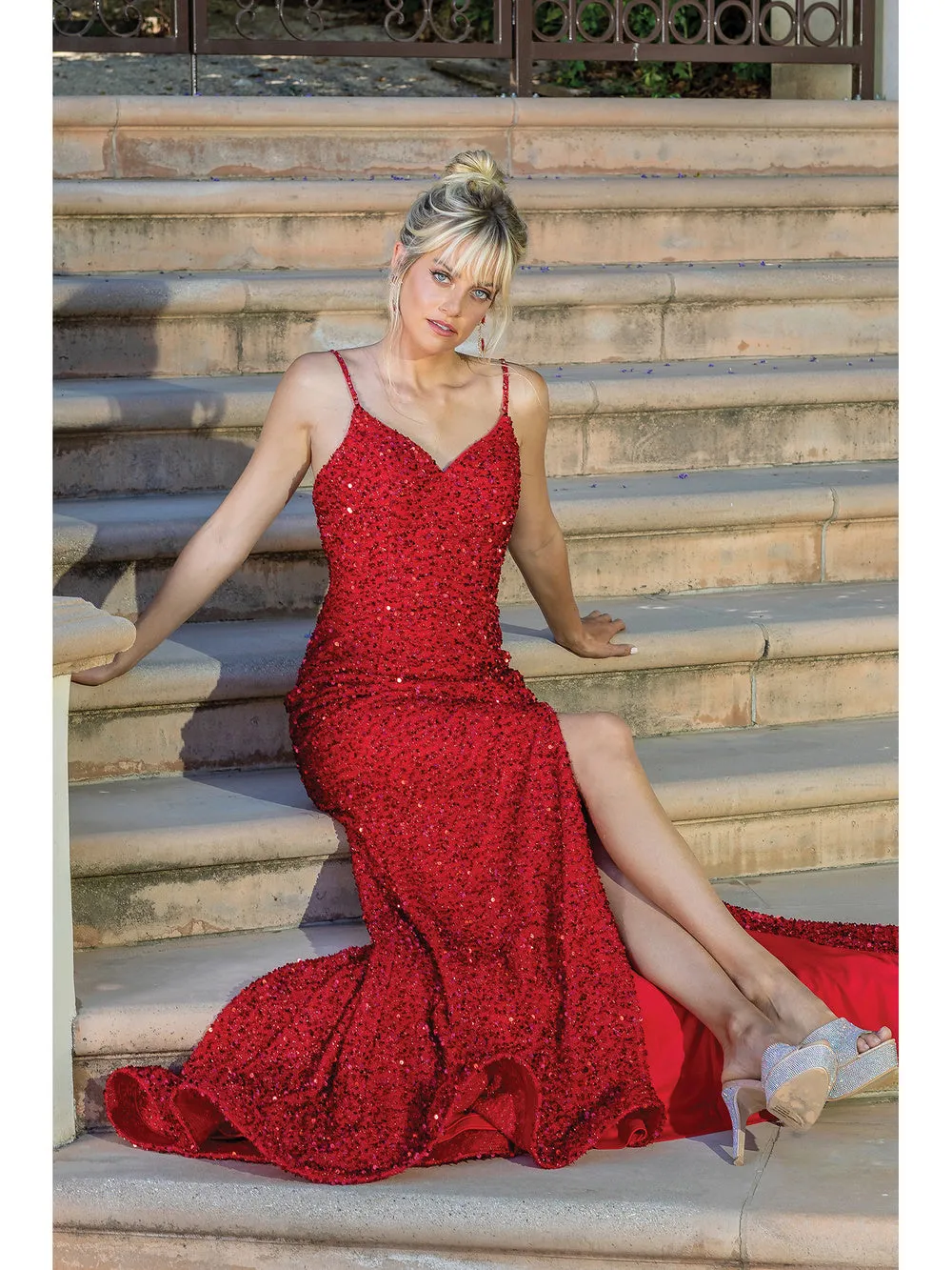 DQ 4254 - Full Sequin Fit & Flare Prom Gown with V-Neck Open Corset Back & Leg Slit
