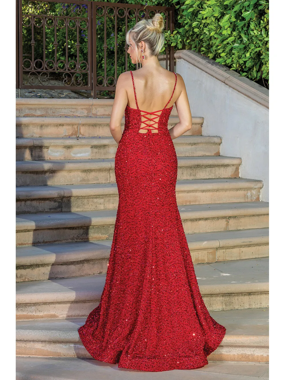 DQ 4254 - Full Sequin Fit & Flare Prom Gown with V-Neck Open Corset Back & Leg Slit