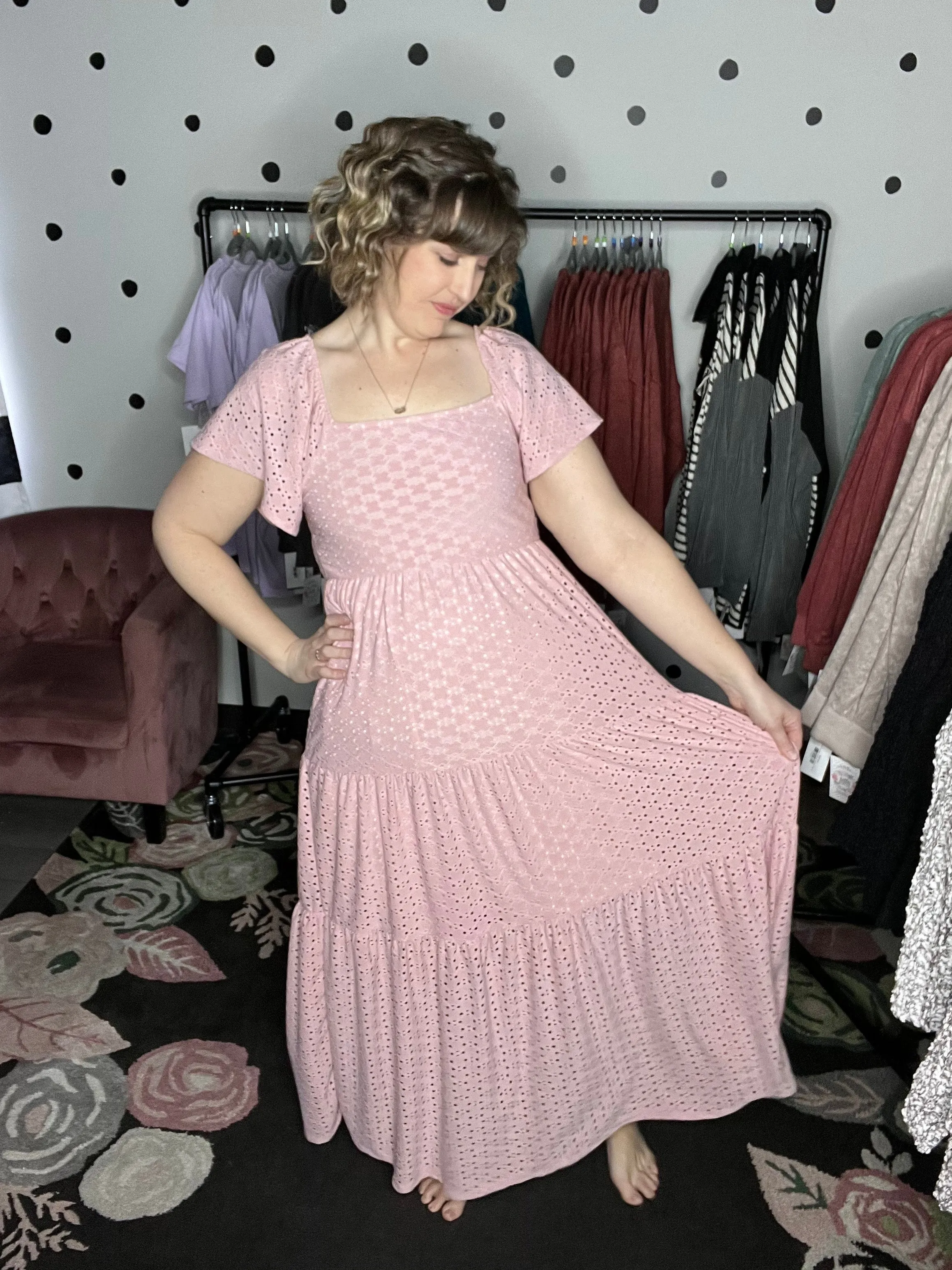 Dusty Pink Eyelet Lace Tiered Maxi