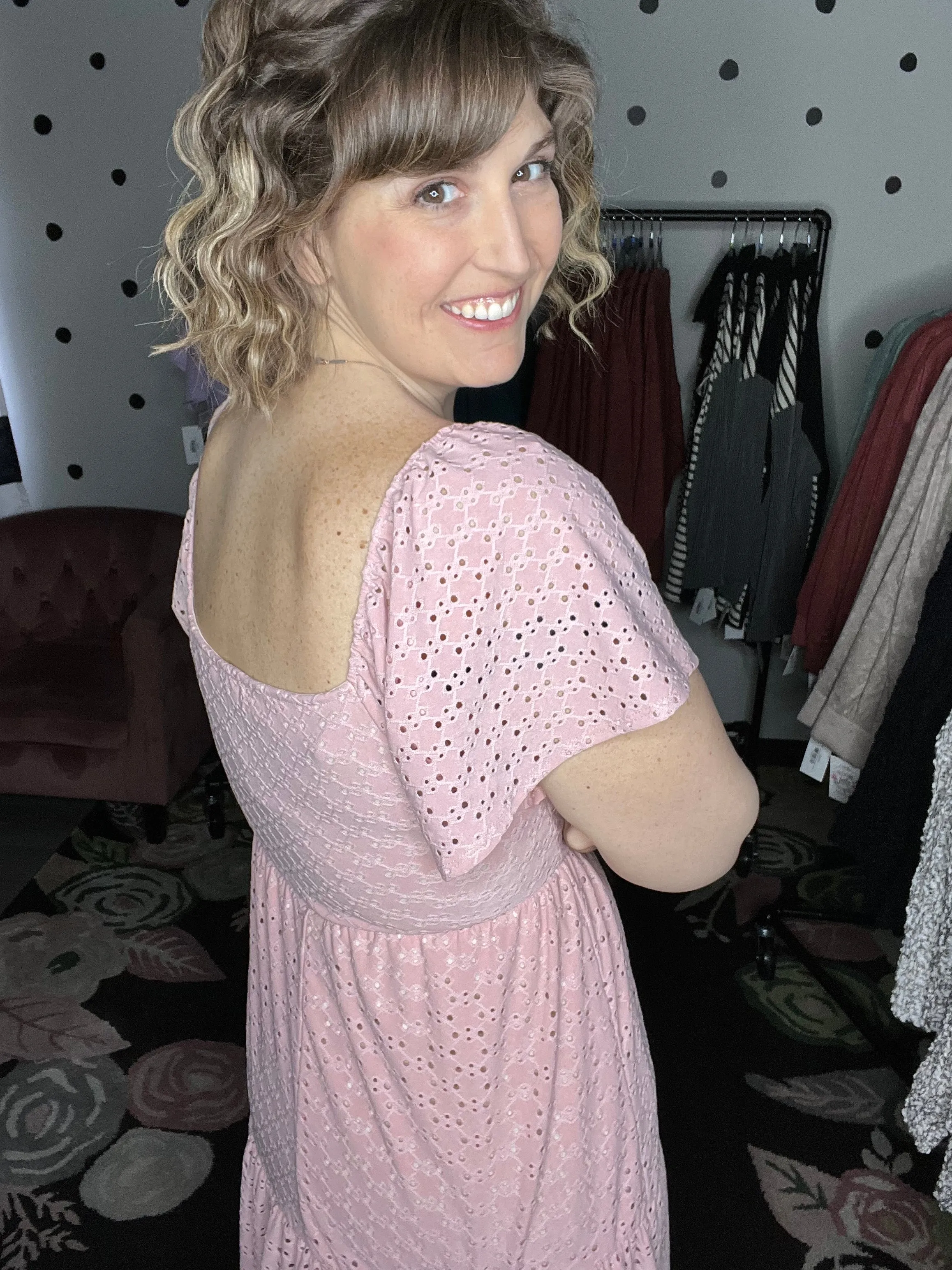 Dusty Pink Eyelet Lace Tiered Maxi