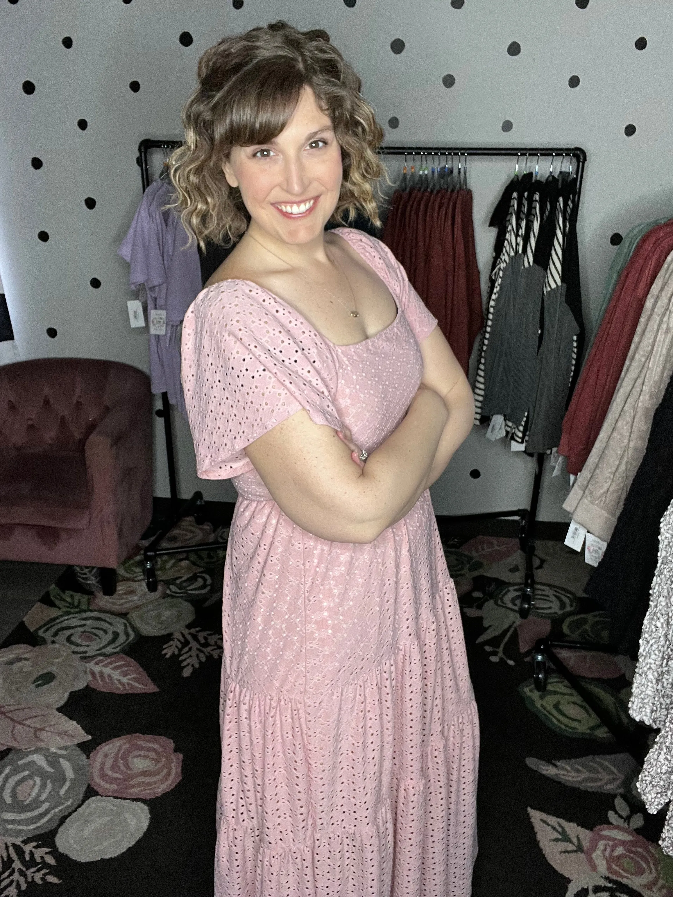 Dusty Pink Eyelet Lace Tiered Maxi