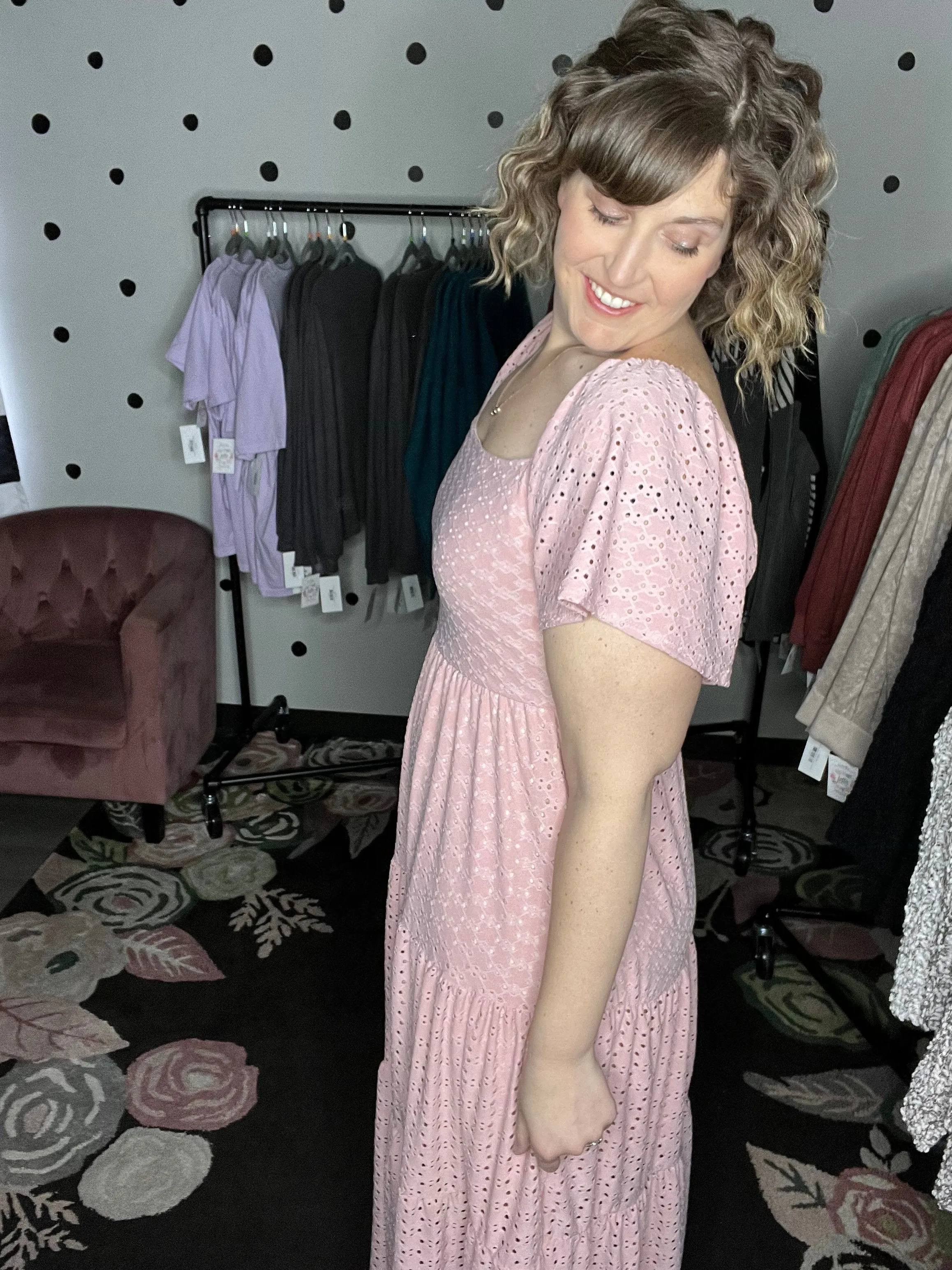 Dusty Pink Eyelet Lace Tiered Maxi