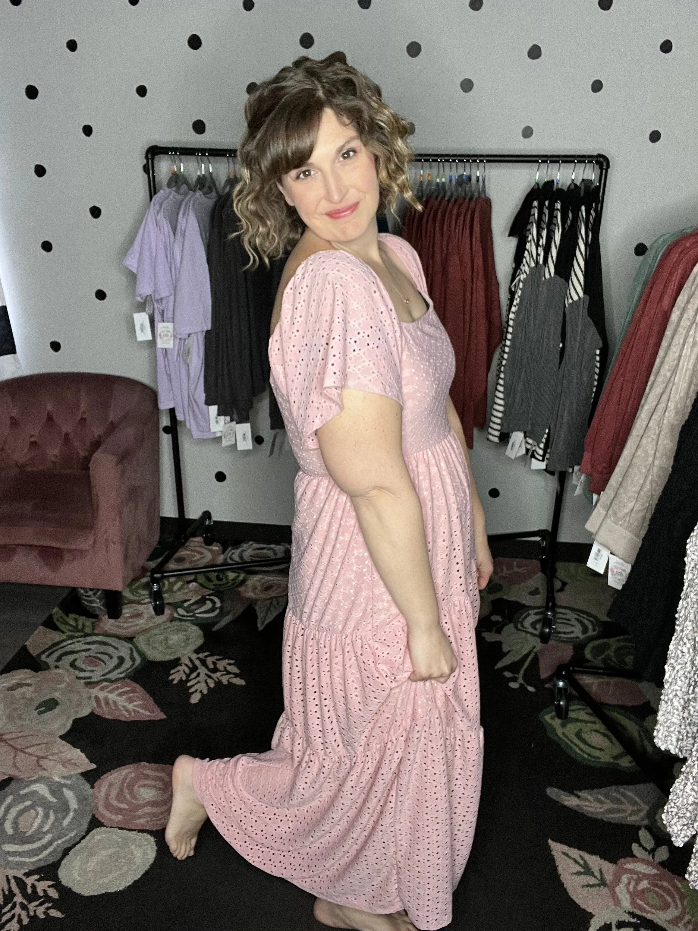 Dusty Pink Eyelet Lace Tiered Maxi
